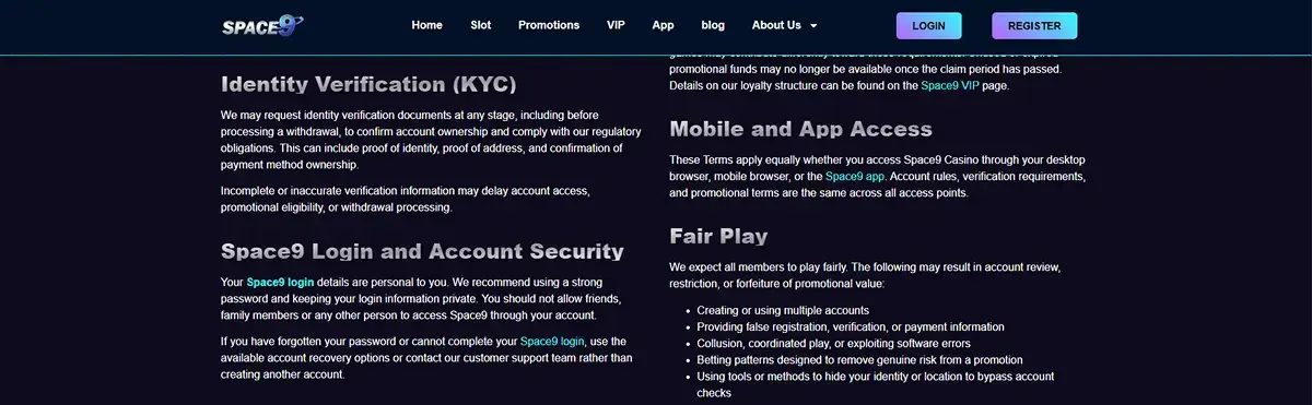 Current Space9 terms text describing identity verification and KYC document categories