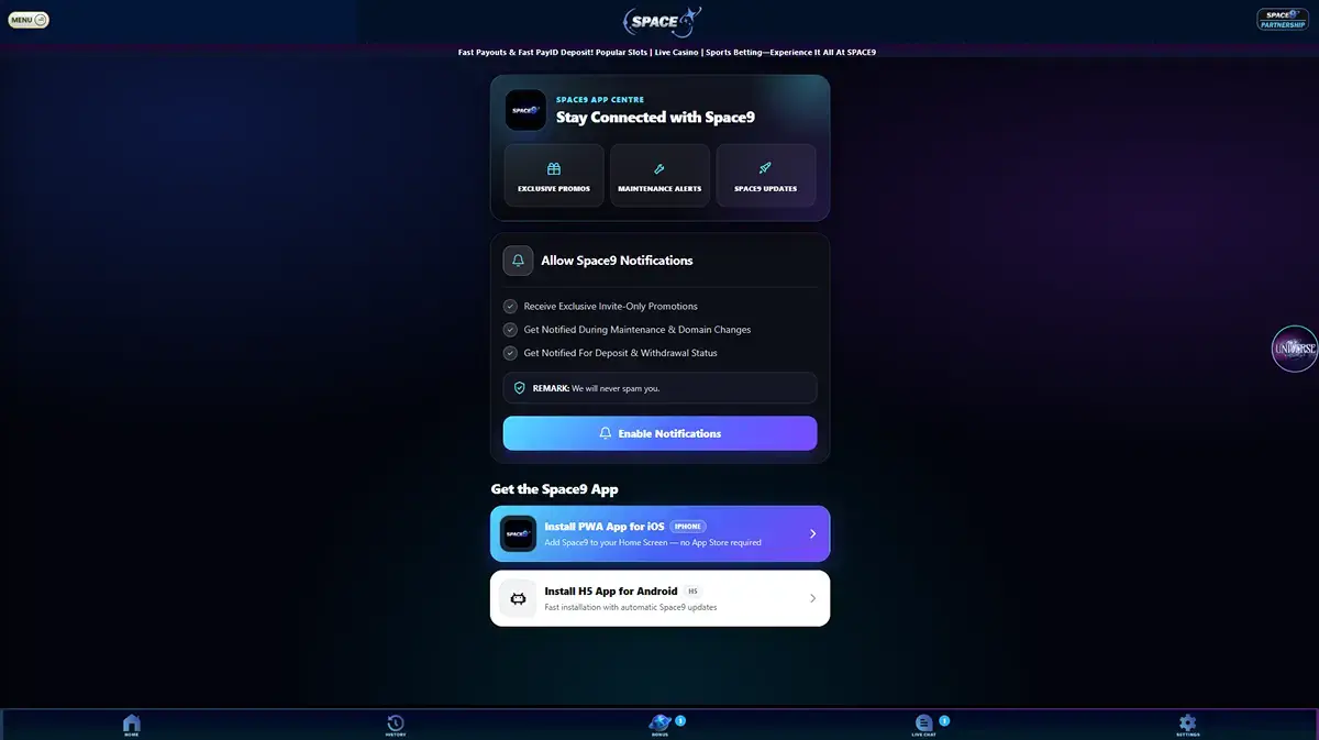Current Space9 App Centre showing iPhone PWA and Android H5 options