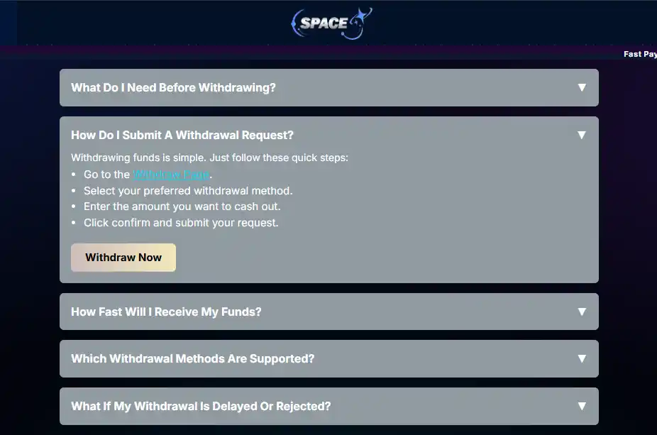 Space9 withdrawal guide showing the current payout workflow