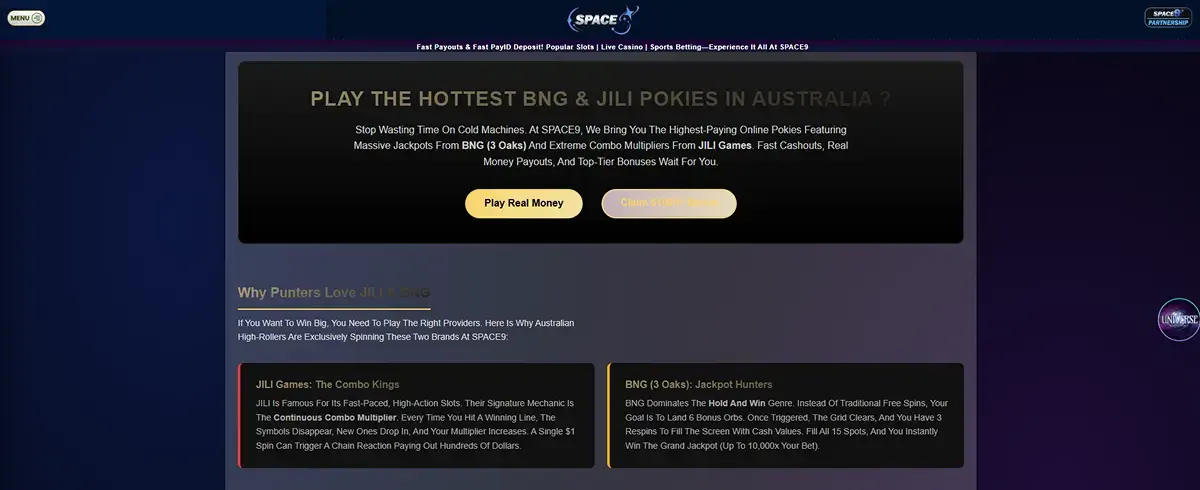 Current Space9 pokies page showing provider or game tiles