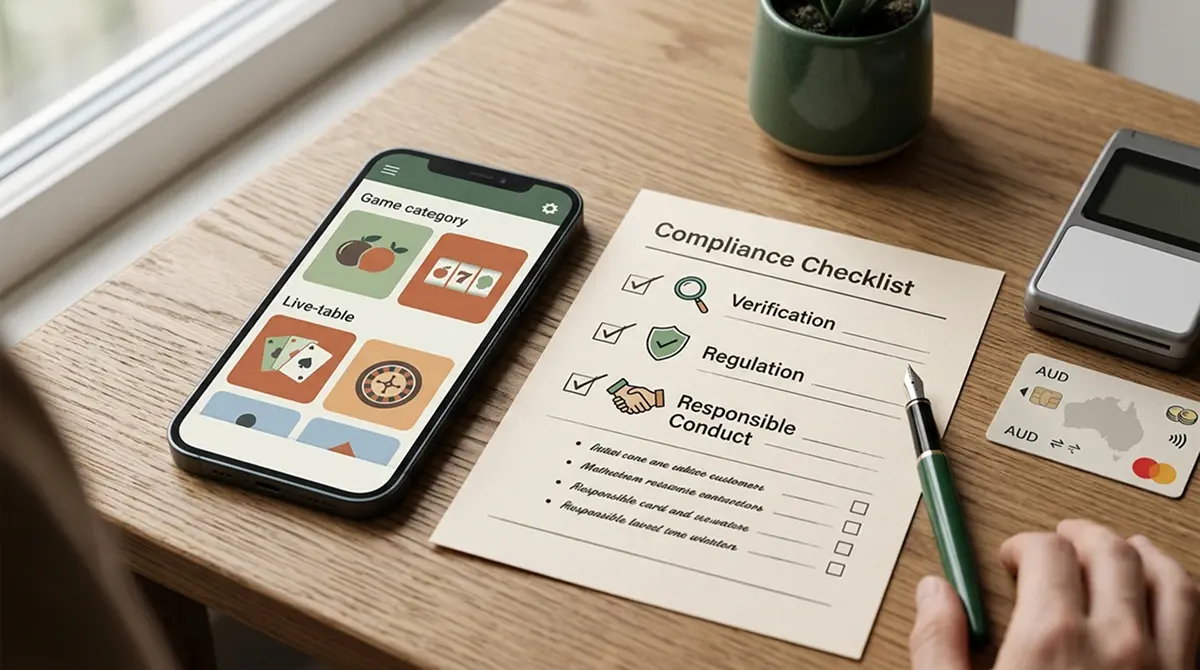 Editorial illustration of a smartphone, Australian dollar payment cues, casino game categories and a compliance checklist